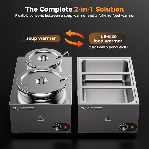 CAMMOO 20qt 2-in-1 Electric Soup Warmer and Steam Table Food Warmer, 1200W Stainless Steel Bain Marie Pot, 86~185°F Adjustable Temp, Commercial Soup Kettle for Catering Restaurant Buffet