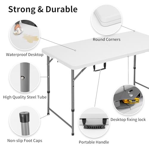 CHRONELLE 4FT Folding Table Adjustable Height, Folding Card Table 4 Foot Portable, Plastic Rectangular Camping Tables for ...