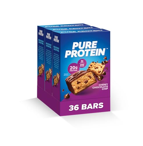 Pure Protein Chewy Chocolate Chip Protein Bars – 20g Protein, 3g Sugar, 190 Calories (36 count) Low Sugar* High Protein Sn...