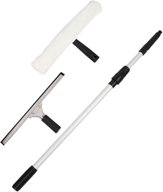 VALICLUD Professional Telescopic Handle Window Squeegee with Water Applicator for Glass Cleaning Extendable Stainless Steel Rod Ergonomic Grip Rubber Blade for Windows Mirrors Tiles