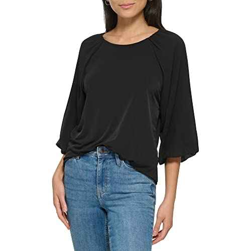 Calvin Klein Womens Loose Fitted Matte Jersey Mixed Media Lantern Sleeve Blouse