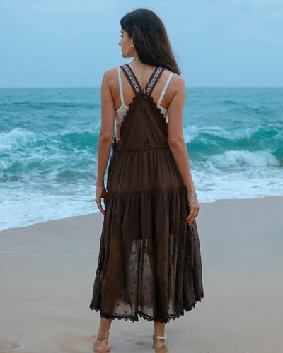 Gacaky Summer Dress for Women Casual Floral Embroidered Bohemian Dress Adjustable Straps Bib Maxi Flowy Dresses with Pockets