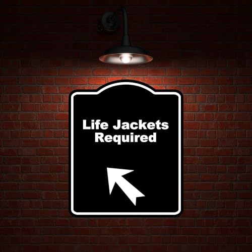 Life Jackets Required Black Sign Arrow Up Left Aluminum Composite Sign 20 x 24 inches