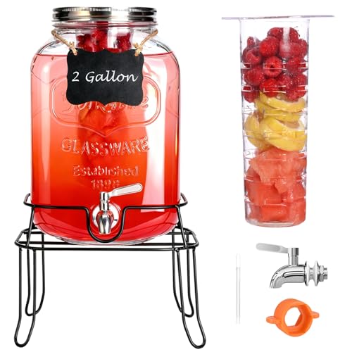 2 Gallon Glass Drink Dispenser For Parties,Beverage Dispenser with Stand,Lemonade Dispenser with 304 Stainless Steel Spigo...