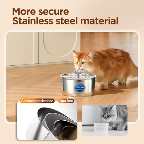 Stainless Steel Cat Water Fountain: 88oz/2.6L Ultra Quiet Pet Fountain with Flower Kitty Spout & LED Blue Light Water Disp...