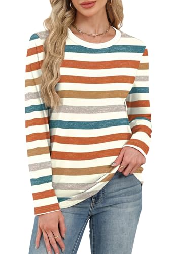 WIHOLL Womens Striped Long Sleeve Shirts Fall Outfits 2025 Color Block Tops Fashion Clothing Ribbed Crewneck Tee Blouses