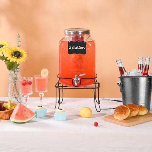 2 Gallon Glass Drink Dispenser For Parties,Beverage Dispenser with Stand,Lemonade Dispenser with 304 Stainless Steel Spigo...