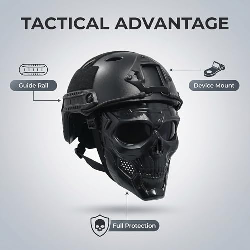 Tactical Airsoft Helmet with Full Face Mask, Black Military Style Paintball Protection Gear, Detachable Goggles, NVG Moun...