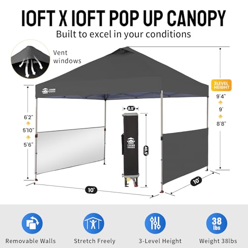 CROWN SHADES 10x10 Pop up Canopy Tent Instant Canopy with 150D Silver Coated Fabric Including 2 Half Sidewalls, 4 Ropes, 8...