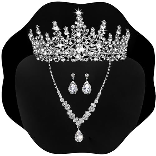KICOSY Silver Jewelry Set for Women Crystal Crown Tiara and Necklace Kit, Crown Earrings Neck Accessories for Bride Weddin...