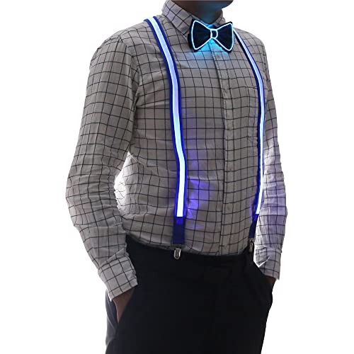 Brejkdo 2 Pcs/Set, Light Up Men's LED Suspenders And Bow Tie, Perfect for Music Festival Halloween Costume Party, Christmas