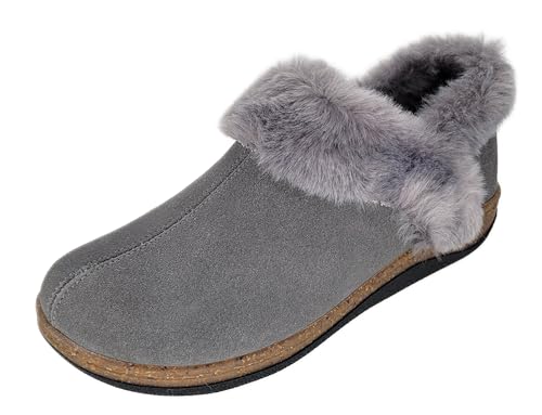 Clarks Womens Suede Leather Ankle Bootie Slipper JMH2034 - Plush Faux Fur Lined - Indoor Outdoor House Slippers For Women