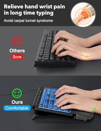 SABLUTE Ergonomic Keyboard, USB Wired with Cushioned Wrist & Palm Rest, 7-Color Backlit Adjustable Brightness for Windows,...