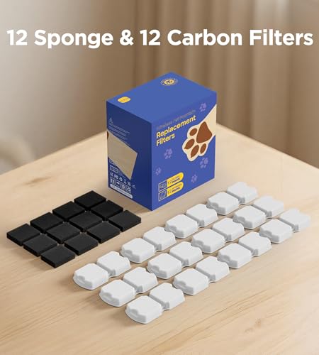 HOOISE Cat Water Fountain Filters: 12Pack Replacement Pet Fountain Filter of 12 Carbon Filters & 12 Sponges - Use for HOOI...