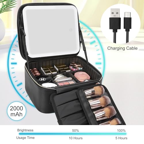 Relavel Travel Makeup Bag With LED Mirror, Cosmetic Train Case with Light up Mirror, Portable Makeup Artist Organizer Bag ...