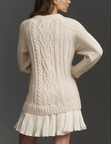 MINSURE Women Cable Knit Sweater Dress Crewneck Long Sleeve Pleated Mini Dress Twofer Style Patchwork Dress