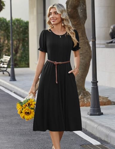 Zeagoo Womens Summer Dress Casual Midi Dresses 2026 Short Puff Sleeve Flare Dress Pleated Flowy Sundress with Pockets