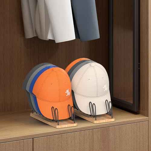 Hat Organizer - 2 Pack Premium Wood and Metal Design Hat Storage for 14 Caps - Tabletop Hat Racks for Closet, Dresser, Entrance