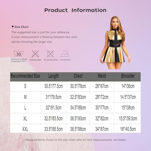 Moily Women Wet Look Pleated Dress Disco Dance 80s Holographic Dress Hallowen Cosplay Outfits Hot Pink Large