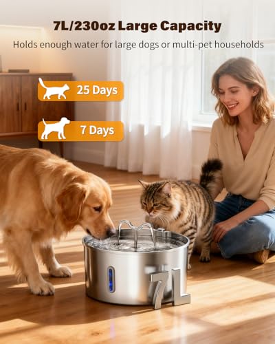 Dog Water Fountain for Large Dogs, 7L/236oz Stainless Steel Dog Water Bowl Dispenser, Automatic Pet Fountain, Ultra Quiet ...