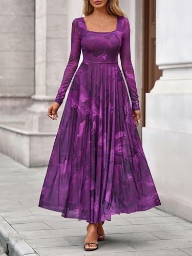 BTFBM Women Maxi Dress Spring 2026 Fashion Elegant Long Sleeve Square Neck Floral Print Party Club Wedding Guest Dresses