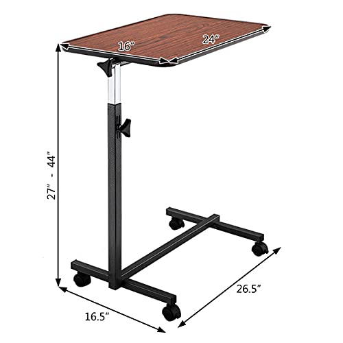 Overbed Table with Wheels | Flat Rolling Bed Side Tray Table for Medical or in-Home Use | Height Adjustable Hospital Table with Locking Casters (Wood Grain)