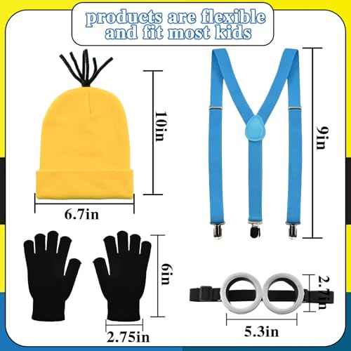 4Pcs Halloween Costume Accessories Kids Steampunk Goggles Glasses Blue Y-Back Suspenders Yellow Beanie Hats Black Gloves Perfect for Birthday Party and Halloween Cosplay Party