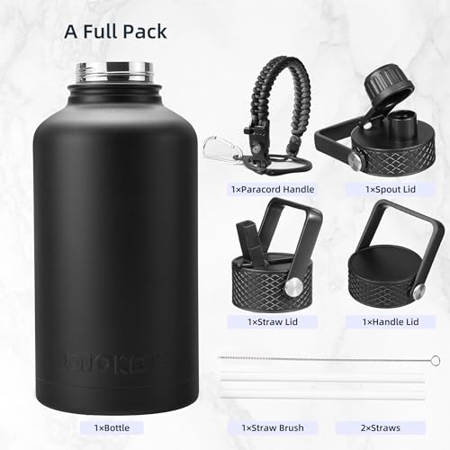 BJPKPK Half Gallon Insulated Water Bottles with Straw Lid, 64oz Large Water Jug, Stainless Steel Bottles with 3 Lids and P...
