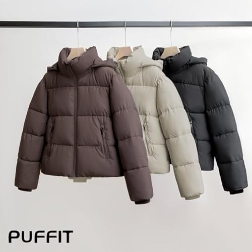 PUFFIT Women's Cropped Puffer Jackets,Warm Winter Jacket with Removable Hood,Zipped Pockets,Short Ladies Quilted Coat