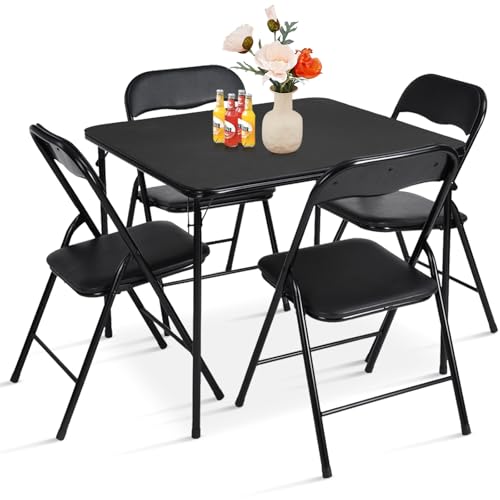 FurnitureR 5-Piece Folding Table and Chair Set, Portable Square Table with 4 Padded Chairs for Dining, Games, Holiday Host...