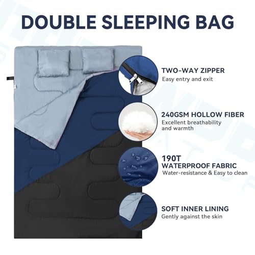 Double Sleeping Bag for Adults Kids - Lightweight 2 Person Sleeping Bag with Pillow, Queen Size Waterproof Camping Sack Tw...