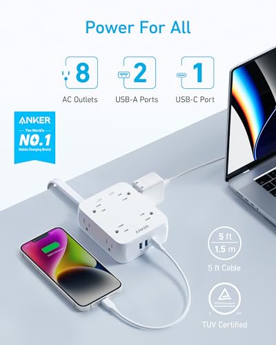 Anker Surge Protector Flat Plug Power Strip 2000J, 5ft Thin Extension Cord, 8 Outlets,2 USB A and 1 USB C Port,20W for iPh...