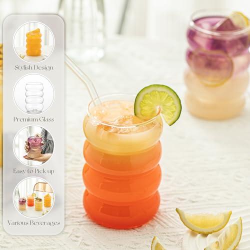 KEMORELA 2PCS Wave Bubble Beverage Glasses With Straws, 16 Oz Vintage Glass Cups, Aesthetic Iced Coffee Glasses, Ripple Gl...