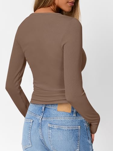 Trendy Queen Long Sleeve Shirts for Women Henley Ribbed Fall Tops Dressy Business Casual Teen Girl Winter Cute Basic Tees