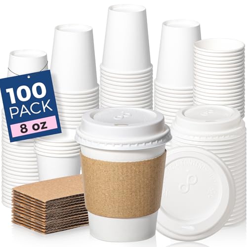 Fit Meal Prep 100 Pack 8 oz Disposable Coffee Cups with Lids, Sleeves, Leak-Proof To Go Coffee Cups with Lids, Durable Hot...