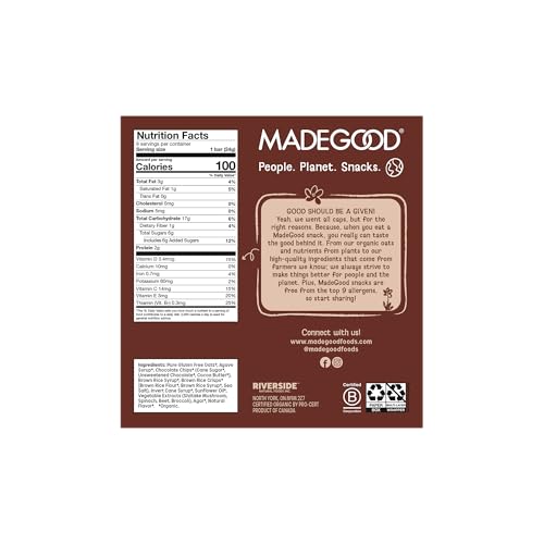 MadeGood Chocolate Chip Granola Bars, 6 Healthy Snack Bars, 0.85 oz Each