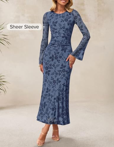 ZESICA Women's Long Sleeve Floral Bodycon Dress 2026 Spring Fall Ruched Mesh Wedding Guest Cocktail Party Maxi Dresses