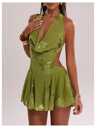 MakeMeChic Women's Floral Sequin Halter Dress Embroidery Draped A Line Y2K Mini Dresses