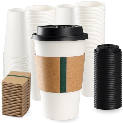 16oz Disposable Coffee Cups with Lids & Sleeves 60 Pack | Sturdy, Leak-Proof & Insulated To Go Disposable Cups for Hot/Col...