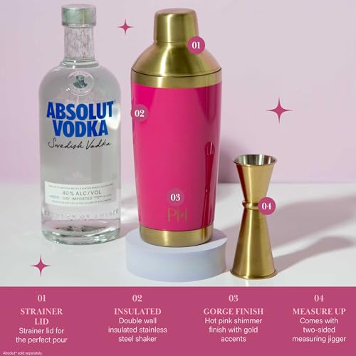 Paris Hilton 2-Piece Cocktail Shaker Set, Double Wall Insulated Stainless Steel Mixer with Built-In Strainer and Double-Si...