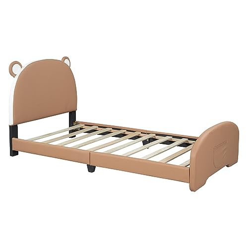 SOFTSEA Twin Size Upholstered Platform Bed with Bear-Shaped Headboard and Footboard, Twin Size Bed Frame with Wooden Slats Support, Brown+White