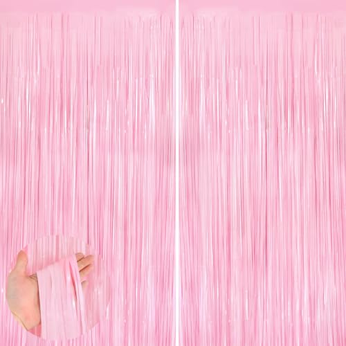 2Pack Pastel Pink Metallic Tinsel Foil Fringe Curtains, 3.3 X 8.3ft Pink Party Streamers Backdrop Curtains for Birthday Pa...