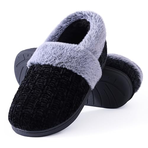 Evshine Women's Fuzzy Memory Foam Slippers, Closed Back Knit Bedroom Slippers, Slip-On Warm House Shoes for Indoor & Outdo...