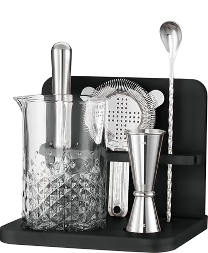 Crystal Cocktail Mixing Glass Set with Bamboo Stand - 22 Oz 650ml - Thick and Sturdy Bottom, Durable and Seamless Design w...