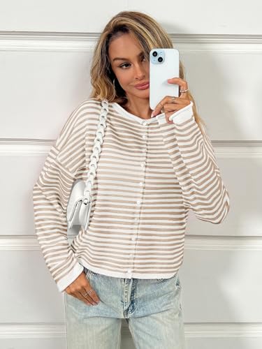 Saodimallsu Womens Striped Cardigan Casual Long Sleeve Open Front Button Down Loose Knit Lightweight Fall Sweaters