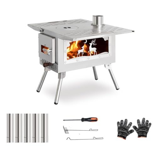 Outdoor Camping Tent Stove Portable Camping Stove Stainless Steel Stove With Chimney Pipe for Outdoor Cooking Camping BBQ ...