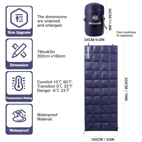 ShinHye Ultralight Adult Sleeping Bag 500g Premium Duck Down - Waterproof & Compressible 3-Season Camping/Backpacking 40-5...