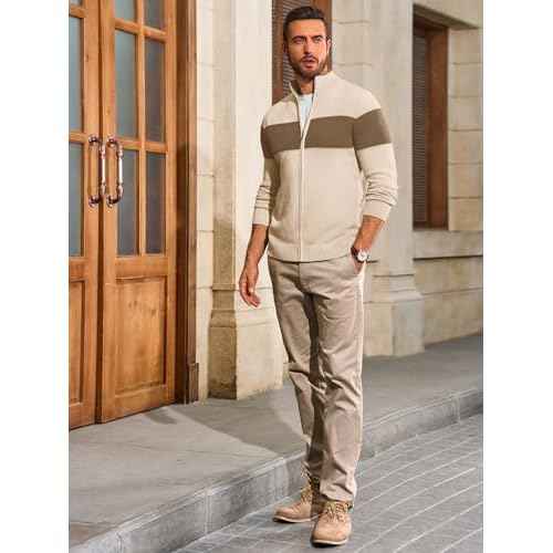 Runcati Mens Full Zip Cardigan Sweater Casual Knit Stand Collar Cardigan Slim Fit Color Block Fall Winter Sweaters