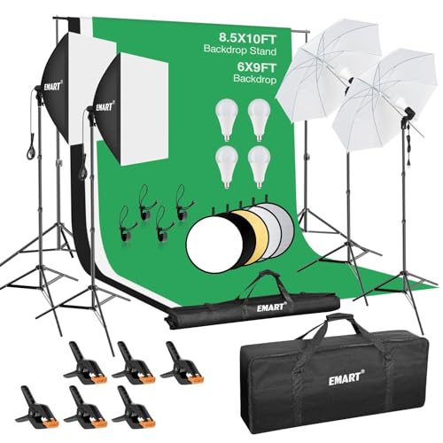 EMART 8.5 x 10 ft Backdrop Support System, Professional Photography Lighting Kit with 50W LED Blub, 6 * 9ft Backdrop *3, R...