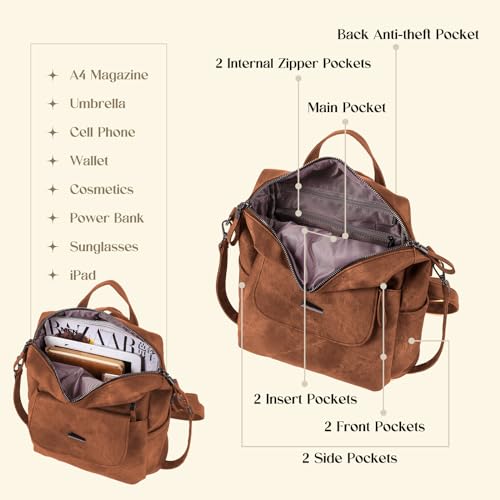 ROOSALANCE Backpack Purse for Women, Women Backpack Purse Small Leather Waterproof Anti-theft Shoulder Bags Handbags Ladies